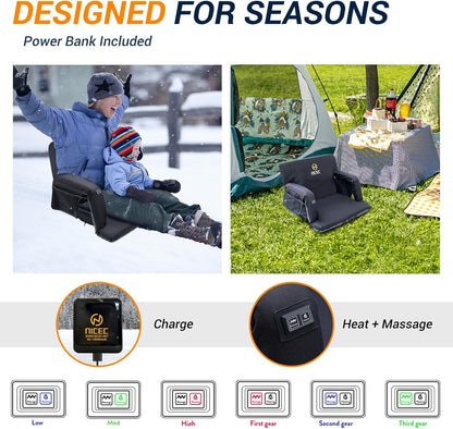 Nice C Heat Massage Stadium Seat, Reclining Bleacher Seat (Regular 1 Pack) | Foldable Floor Arena Chair, Waterproof Stadium Cushion, Thick Padding, Back Support, Shoulder Straps, Side Pockets