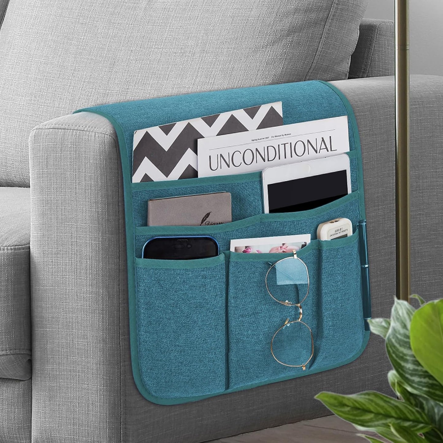 Teniux Remote Control Holder GRS Certified Armchair Caddy for Recliner Couch, Recycled Material Non-Slip Armrest Organizer with 5 Pockets for Magazine, Tablet, Phone, iPad (Dark Grey)