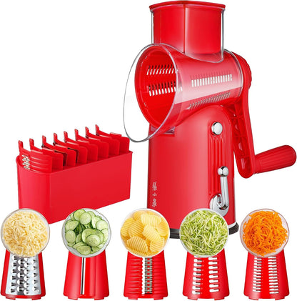 Rotary Cheese Grater Manual Hand Crank with 5 Blades & Suction Base, Kitchen Vegetable Shredder Slicer for Veggie, Nuts, Fruit, Cream
