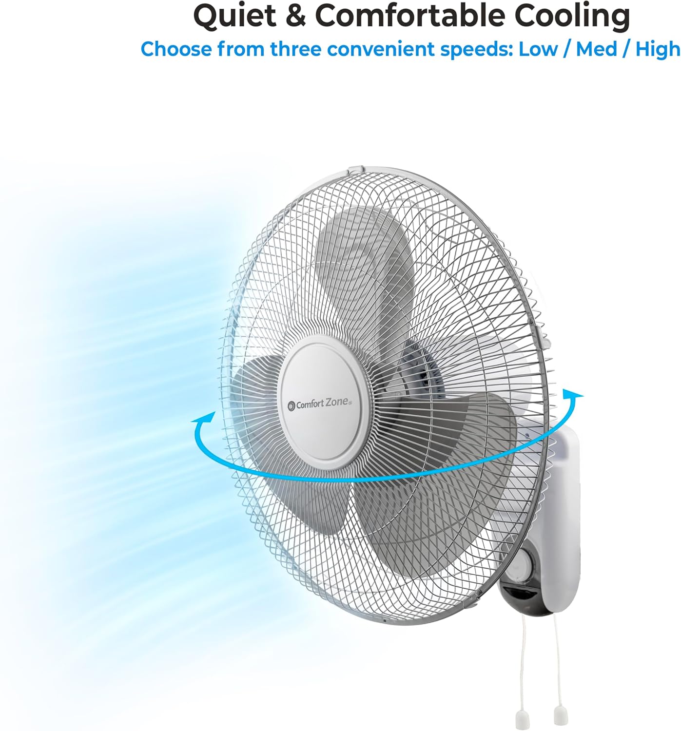 Comfort Zone 16-Inch Fan with Remote Control – Quiet 3-Speed Oscillating Indoor Fan with 90° Wide-Angle Airflow, Timer & Sleep Modes – Space-Saving Wall Fan for Bedroom, Home Gym & Office, White