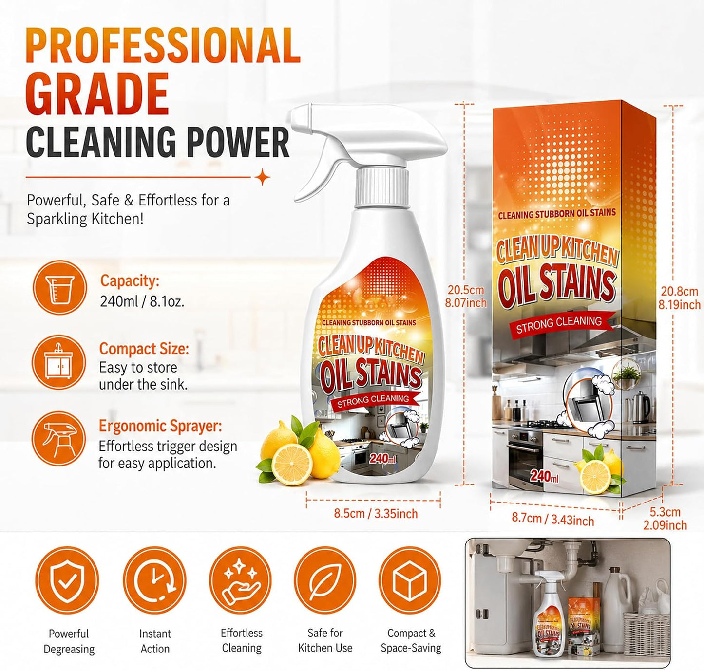 2 PCS Clean Up Kitchen Oil Stains Spray, Kitchen Cleaner Spray, Heavy Oil Cleaner Stain, All-Purpose Cleaning Spray for Kitchens Oil Stain Remover - 240ML/8.45 FL.Oz