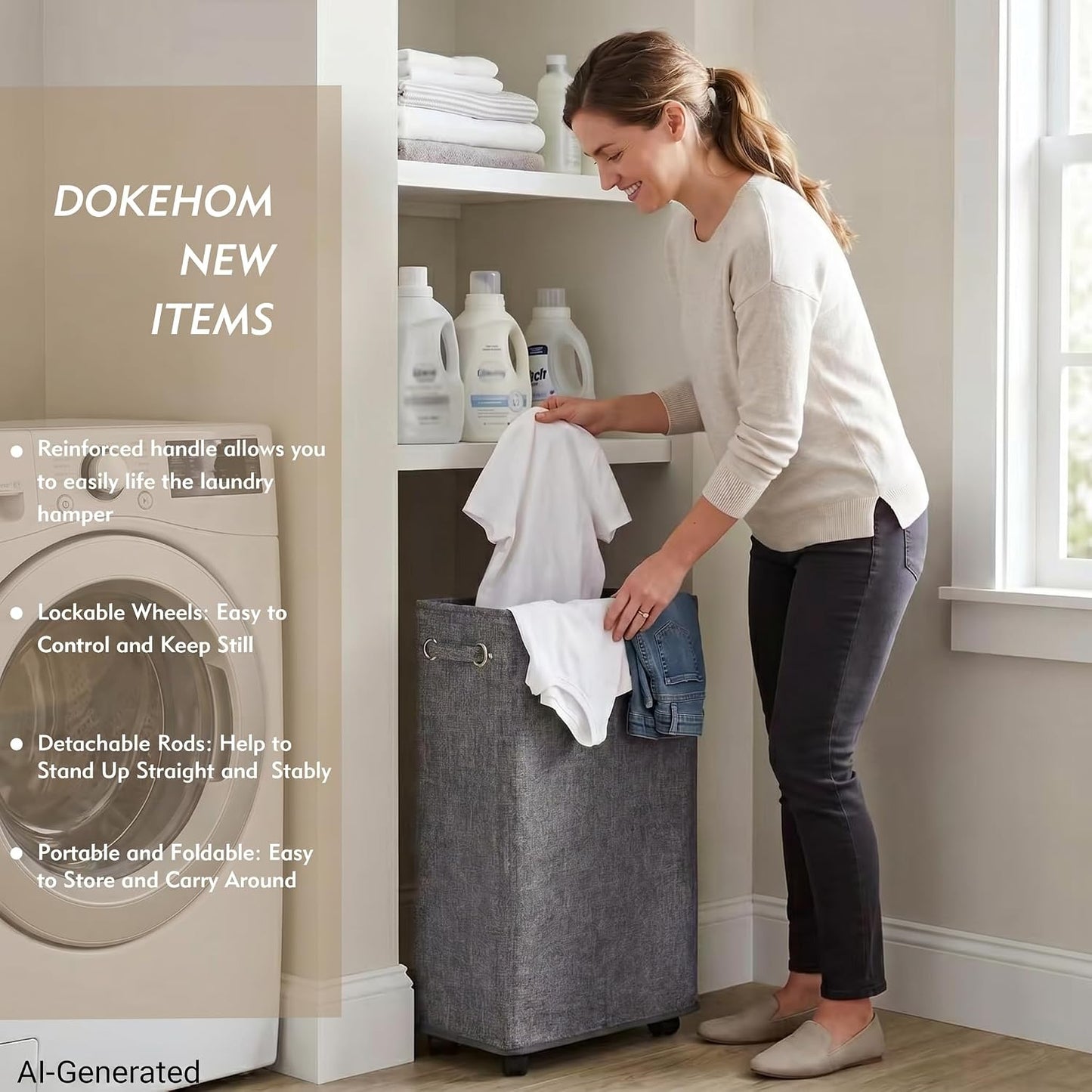 DOKEHOM 25" Slim Rolling Laundry Basket Hamper, Narrow on Wheels, Grey | Collapsible narrow laundry hamper with mesh drawstring closure. Foldable corner clothes storage bin for small spaces