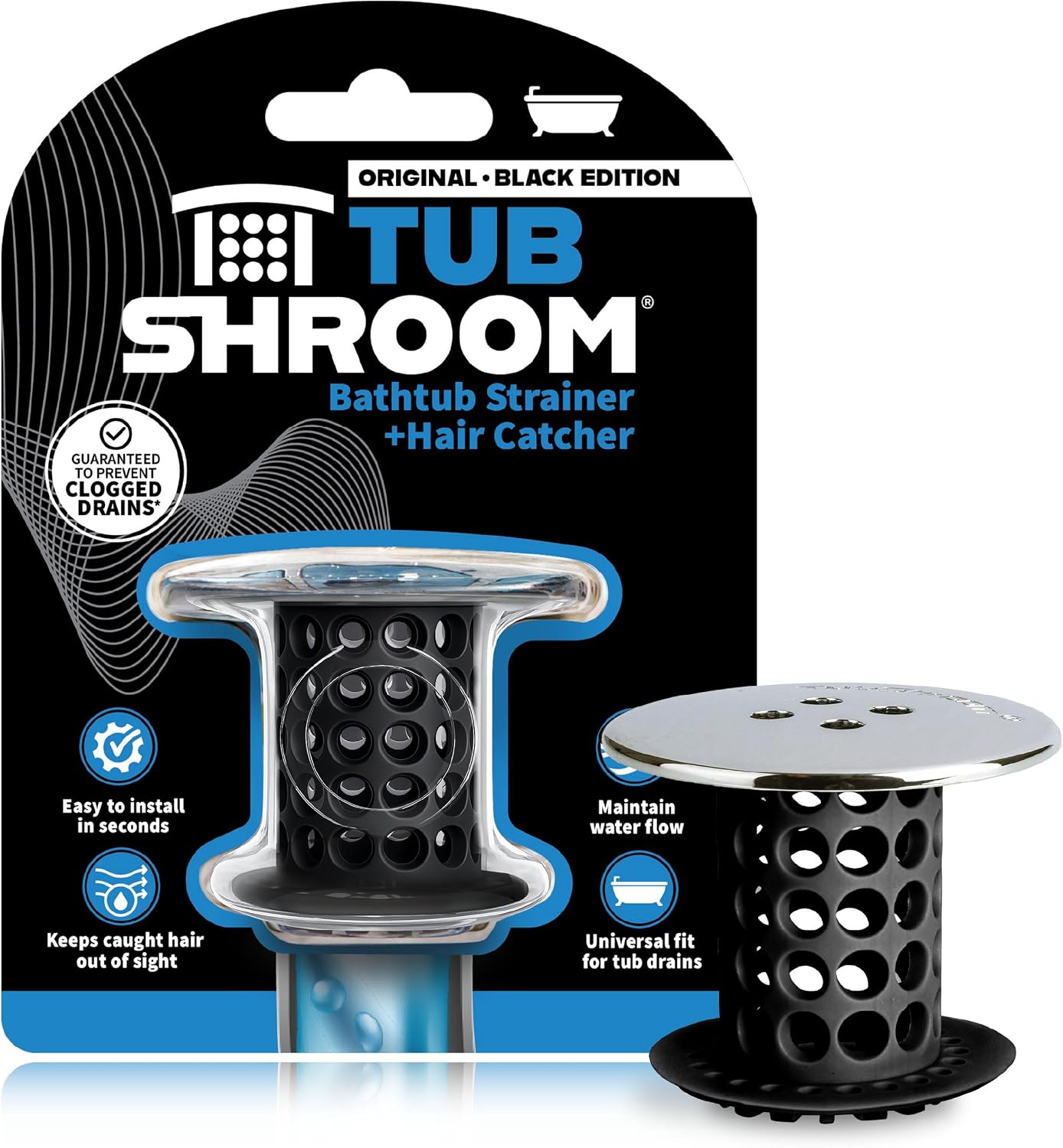 TubShroom Tub Drain Hair Catcher, Chrome – for Bathroom Drains, Fits 1.5” – 1.75” Bathtub and Shower Drains, White
