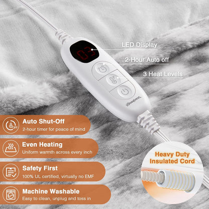 Beautyrest Long Brushed Faux Fur Ogee Textured Design Electric Blanket, Auto Shut Off, Virtually Zero EMF, Multi Heat Setting, UL Certified, Machine Washable, Grey Throw 50x60