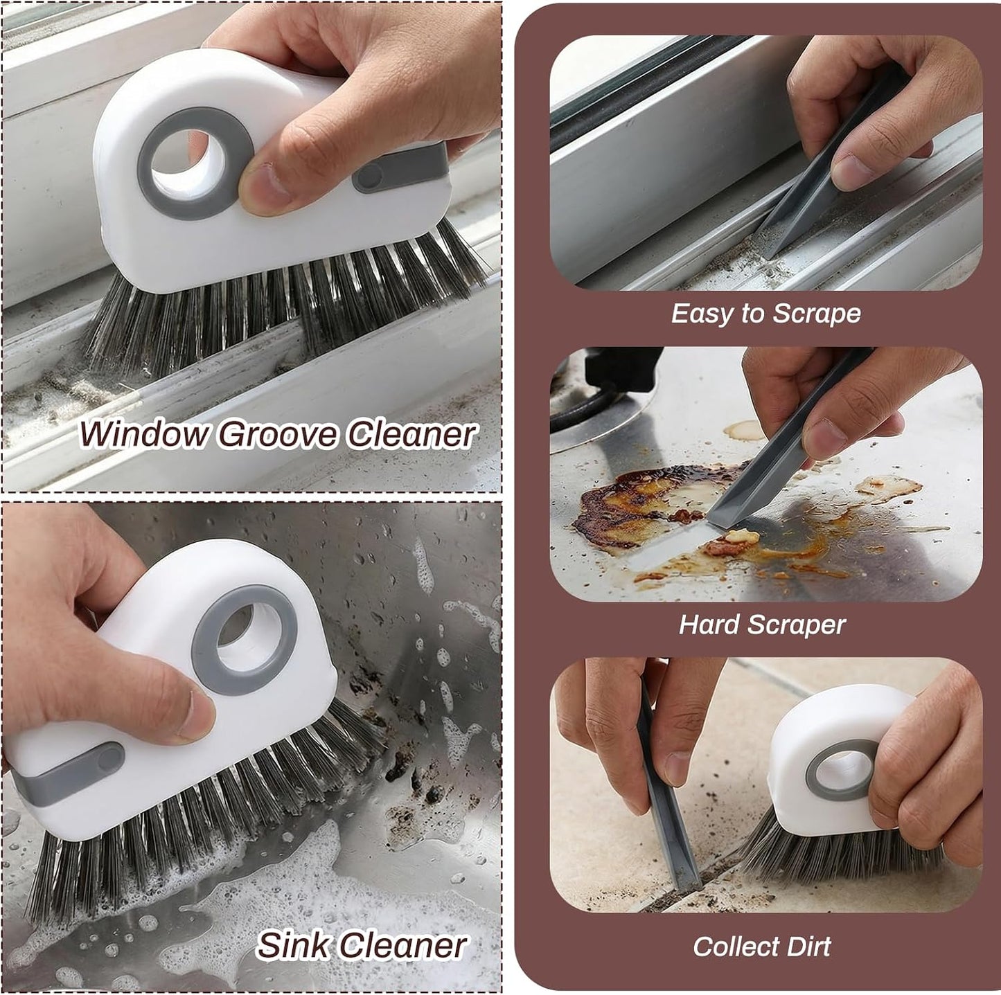 Qianyu 2 PCS Groove Cleaning Brush 2 in 1 Window Track Cleaning Tool Crevice Cleanings Brush Multifunction Hard Bristle with Hidden Scraper Grout Cleaner Grip Brushes for Slid Door Track Window Sill