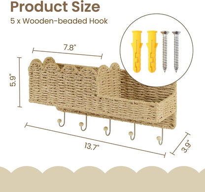 Scalloped Woven Wall Mount Key Holder with 5 Hooks, Decorative Paperstraw Mail Organizer for Entryway, Wave Design Ratten Key Rack, Entryway Organizer, Living Room & Hallway Decor, Natural