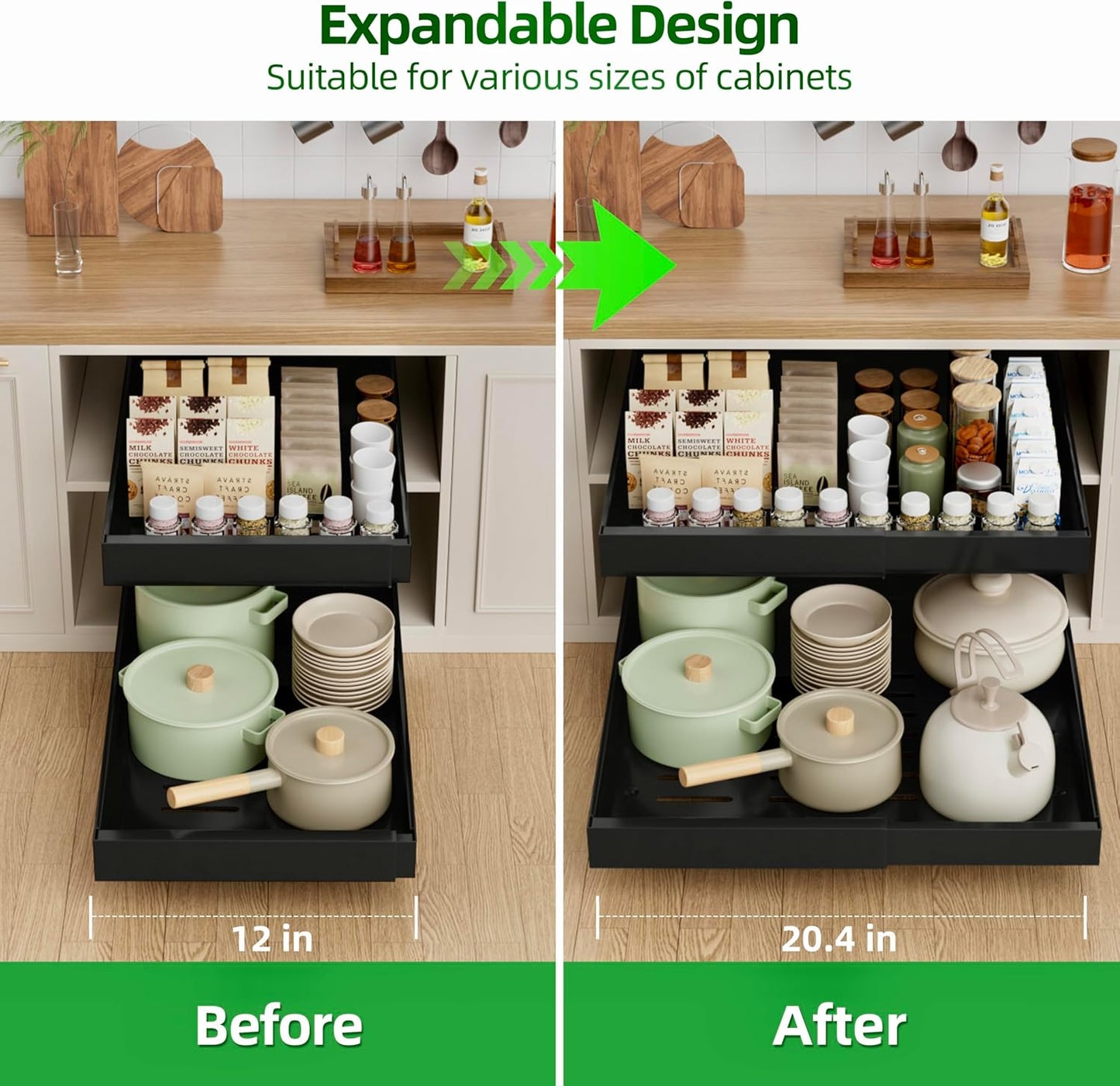 PAKETA 4 Pack Expandable Pull Out Cabinet Organizer,21" Deep | Pull Out Drawers for Cabinets with width from 12" to 20",Sliding Drawers for Cabinets with Upgrade 3 Slide Rails,hold 65 lbs