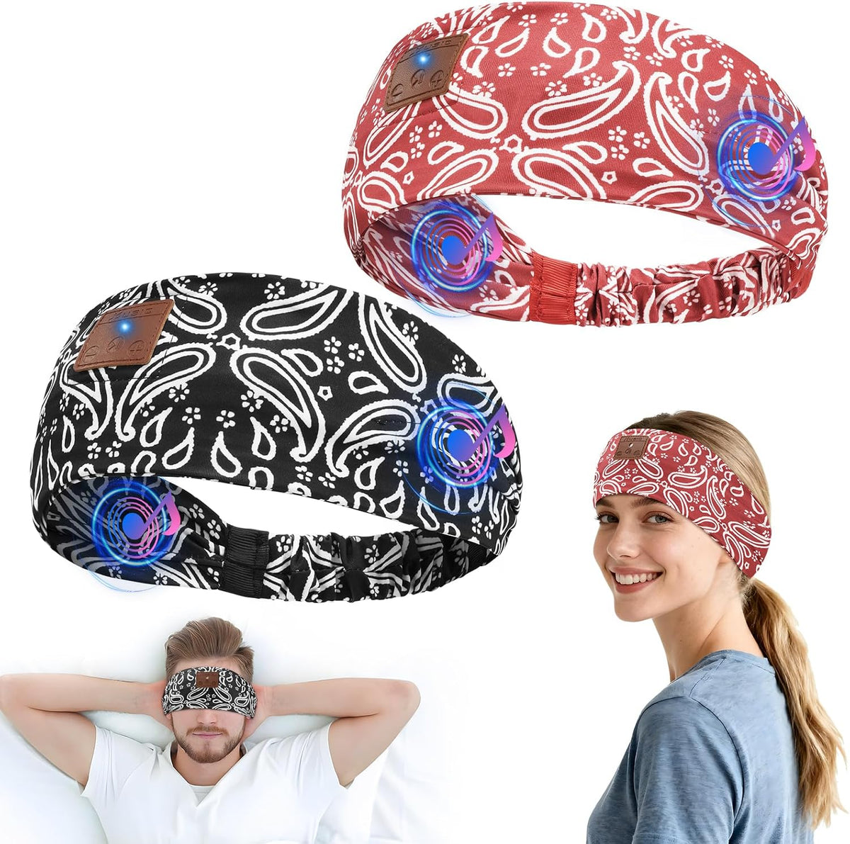 2-Pack Sleeping Headphones, Bluetooth 5.4 Headband Headphones, Wireless Bluetooth Headband for Yoga, Running, Workout, Travel, Sports, Unique Presents for Adult Teens - Black&Blue