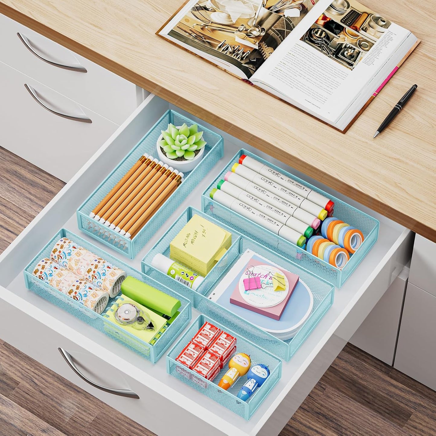 Marbrasse 5 Pack Desk Drawer Organizer Set, Mesh Drawer Storage Trays with 1 Adjustable Divider, Desk Organizers and Accessories, 5 PCS Drawer for Office Supplies, Makeup & Vanity (Black)