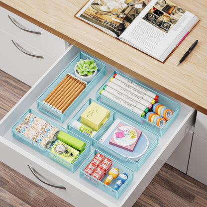 Marbrasse 5 Pack Desk Drawer Organizer Set, Mesh Drawer Storage Trays with 1 Adjustable Divider, Desk Organizers and Accessories, 5 PCS Drawer for Office Supplies, Makeup & Vanity (Black)