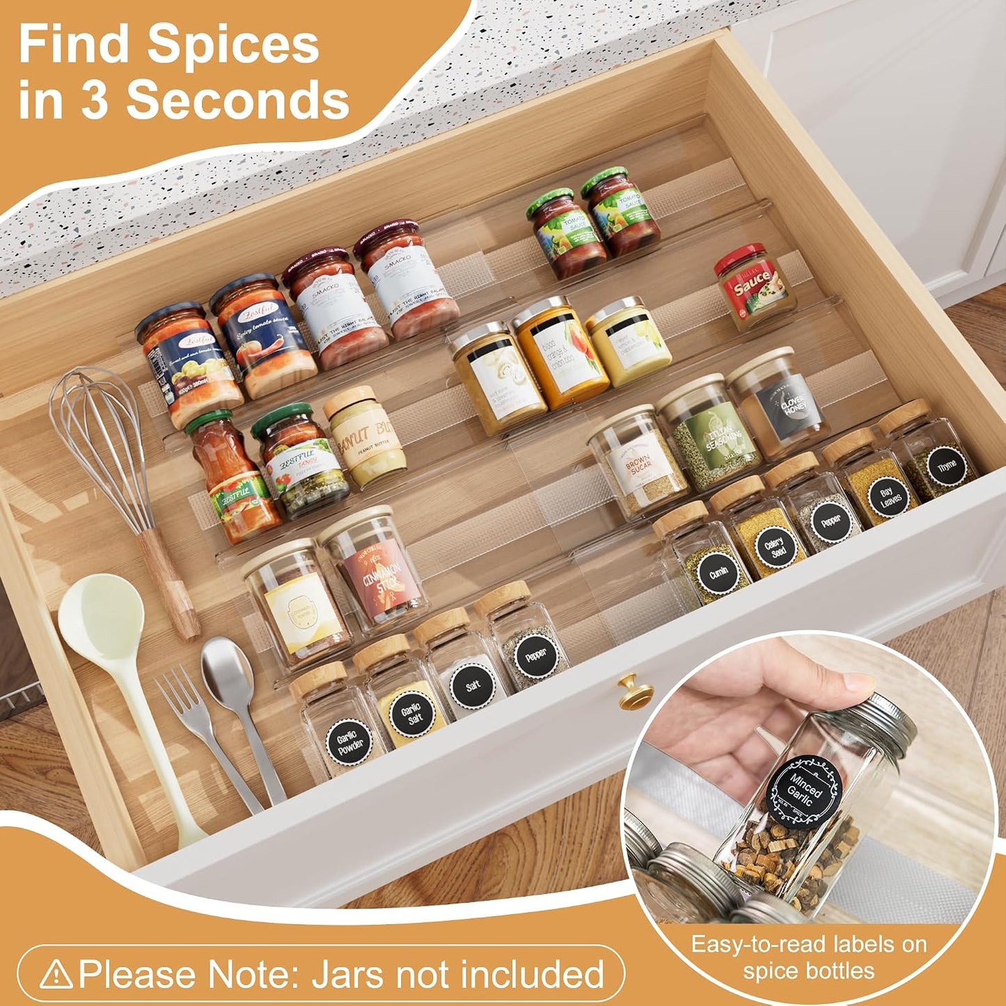8-Pack Spice Drawer Organizer, Expandable Acrylic Seasoning Rack (13" to 26") with Anti-Slip Mat, Kitchen Spice Rack Holds up to 56 Jars (Jars Not Included)