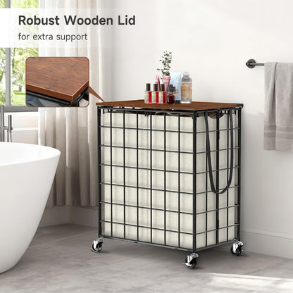 90L Laundry Basket with Wheels, Large Capacity Laundry Hamper with Removable Liner Bags, Heavy Duty Laundry Sorter with Solid Wood Lid & Leather Handles, Grey