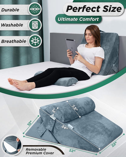 Lunix LX6 FSA 3-Piece Compact Support for Reading, Rest & Leg Elevation, Premium Odor-Free Orthopedic Bed Wedge Pillow Set, Memory Foam, Washable Cover, Pebble White