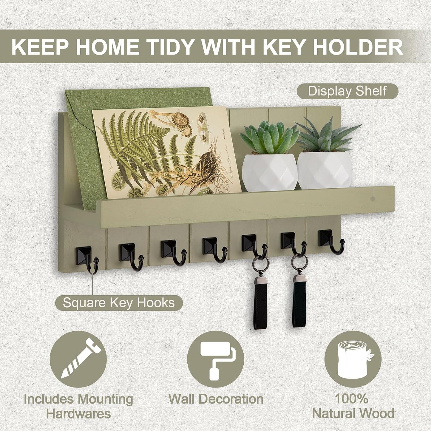 Key Holder for Wall, Decorative Key Holder with Shelf | Key and Mail Holder Wall Mount, Farmhouse Decor with 5 Key Hooks for Keys, Coats, ect.