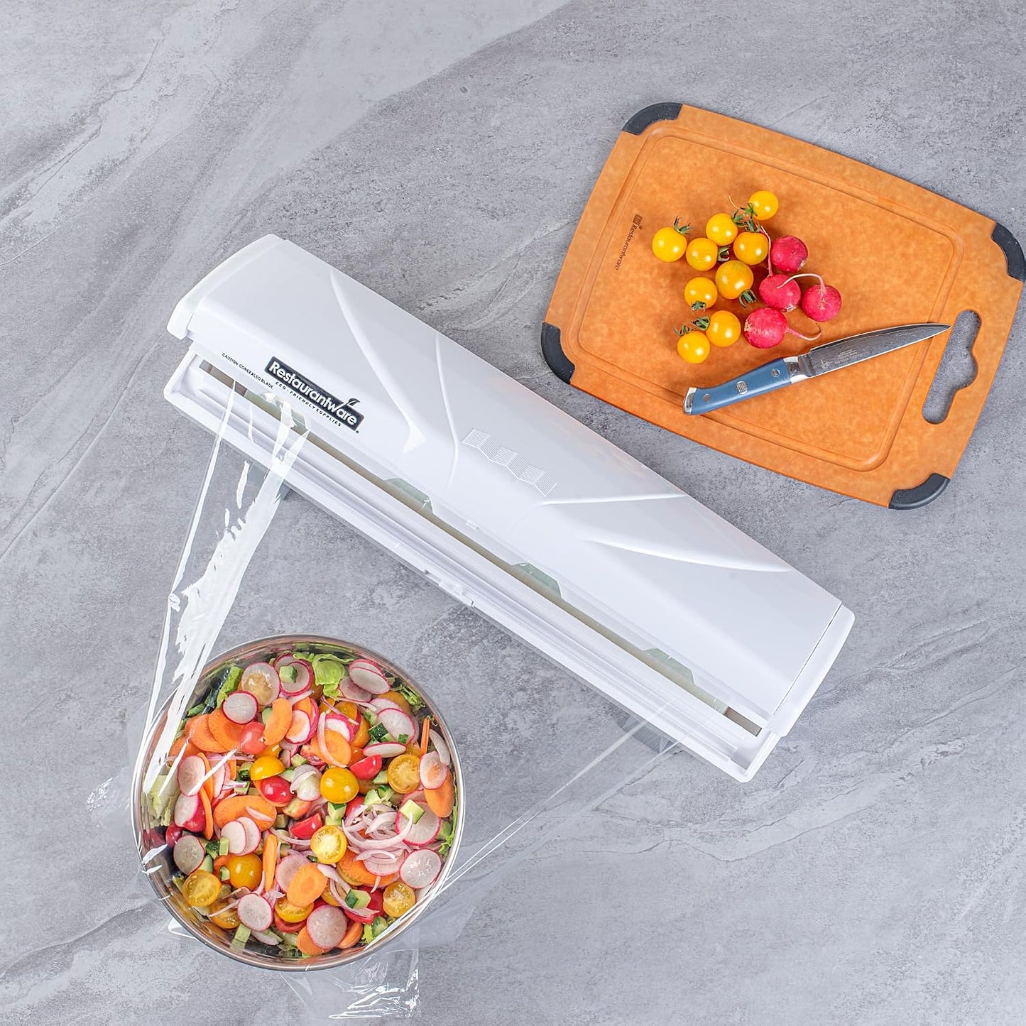 Restaurantware-Chef 101 Food Wrap Dispenser with Cutter, 1 Refillable Cling Wrap Dispenser - Fits 12” to 18” x 1000’ Rolls, Press Down and Cut, White Plastic Aluminum Foil, Sharp Blade