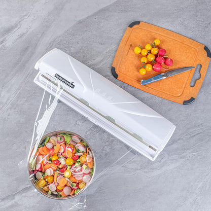 Restaurantware-Chef 101 Food Wrap Dispenser with Cutter, 1 Refillable Cling Wrap Dispenser - Fits 12” to 18” x 1000’ Rolls, Press Down and Cut, White Plastic Aluminum Foil, Sharp Blade