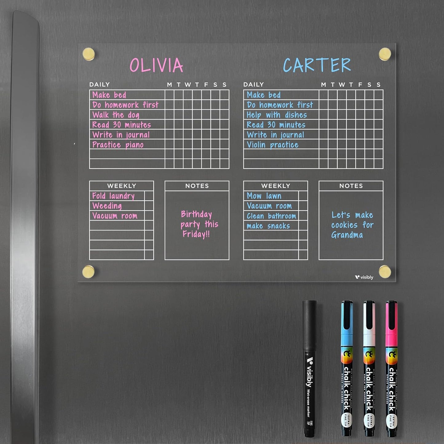 Magnetic Acrylic Chore Chart for Fridge, Weekly Planner & Task Board with Notes, 12” x 9” Clear Refrigerator Organizer, Includes 4 Magnetic Wet-Erase Markers, Black Magnets