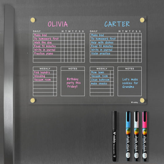 Magnetic Acrylic Chore Chart for Fridge, Weekly Planner & Task Board with Notes, 12” x 9” Clear Refrigerator Organizer, Includes 4 Magnetic Wet-Erase Markers, Black Magnets