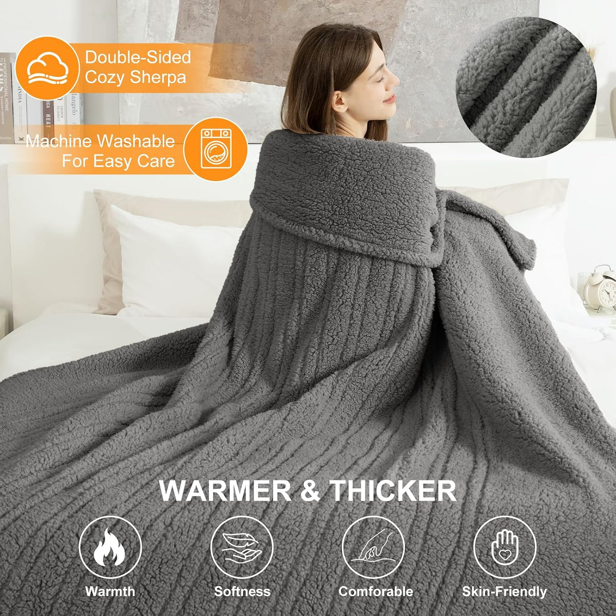 Heated Throw Blanket 50"X60", Soft Sherpa, 4 hrs Auto Shut Off