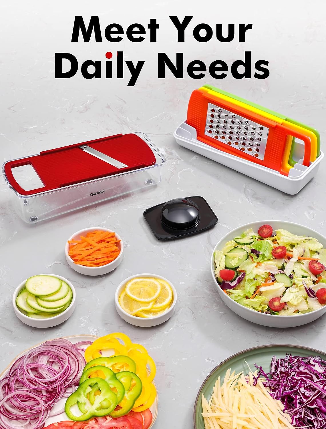 Geedel Professional Mandoline Slicer for Kitchen, Multi Purpose Vegetable Slicer Cutter, Vegetable Cutter Onion Cutter for Veggie Fruit Cheese | Slice, Shred & Julienne, Sharp Stainless Steel Blades, Dishwasher Safe, No BPA, Safety Hand Guard, For