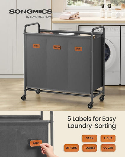 SONGMICS 2-Section Laundry Sorter, Laundry Hamper with Wheels, Rolling Clothes Hamper Cart with Large Capacity and Removable Bags, for Laundry Room, Bedroom, Bathroom, Ink Black URLS210B01 | Rolling Clothes Hamper Cart, Large Capacity, for Laundry Room,
