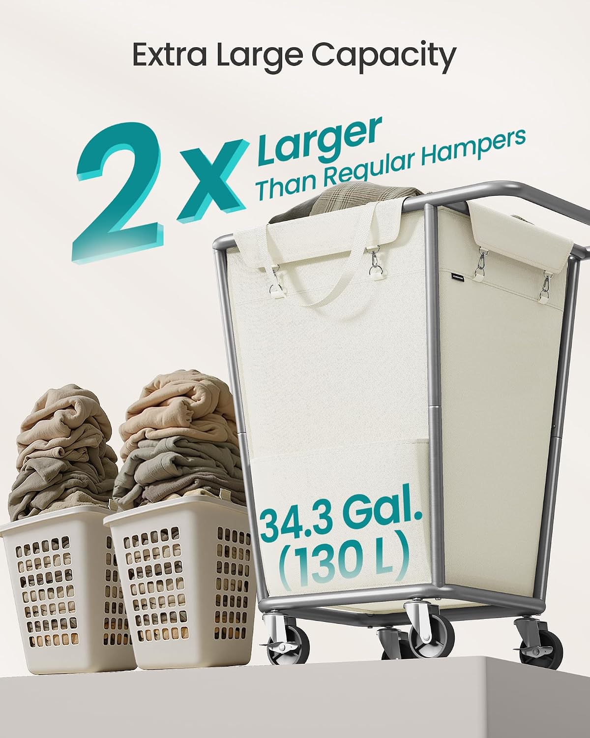 SONGMICS Laundry Basket with Wheels, 3-Section Laundry Sorter, 76.6 Gallons (290 L) Rolling Hamper with Removable Bags, Heavy-Duty Steel Frame, Cream White, Dark Gray and Ink Black URLS010X01