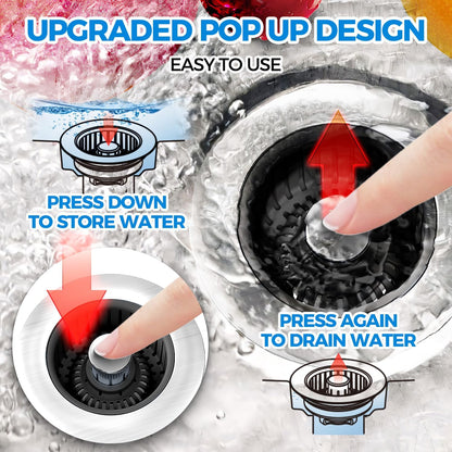 3 in 1 Kitchen Sink Drain Strainer Stopper Removable Basket Pop-Up | Kitchen Sink Food Strainer 1 Pack Silver Stainless - Food Catcher, Odor-Block Seal, Fits 3.5" Drain, Easy Clean