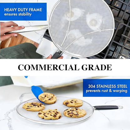 Stainless Steel Splatter Guard Fine Mesh For Pots Frying Pans(15in) | Rust-proof metal mesh blocks oil splashes while venting steam, heat-insulated grip, dishwasher safe, hangable flat storage
