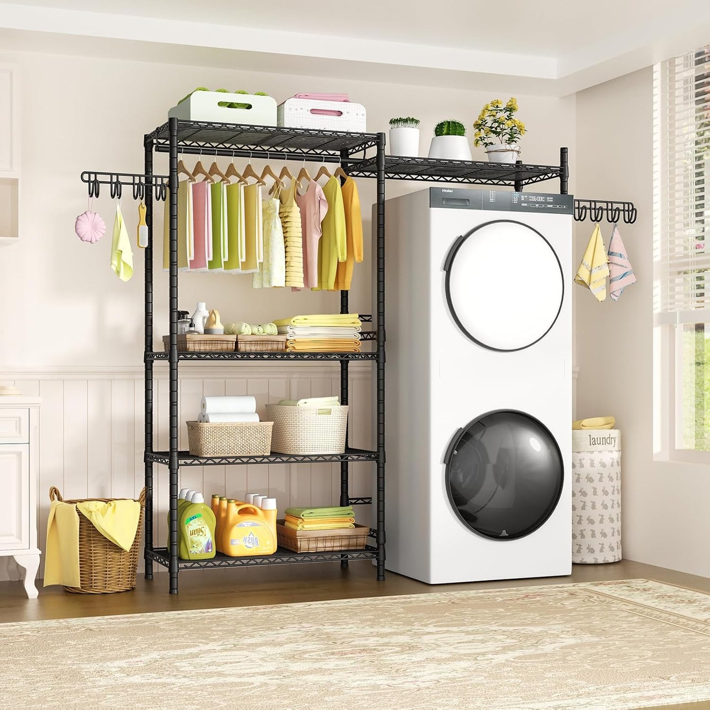 U5 Over the Washer and Dryer Storage Shelf, Laundry Room Space Saver | Bathroom Storage and Organizer Rack for Hanging Towel and Drying Clothes with 5 Wire Shelves, Black