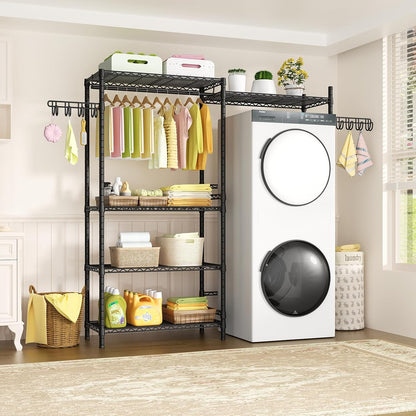 U5 Over the Washer and Dryer Storage Shelf, Laundry Room Space Saver | Bathroom Storage and Organizer Rack for Hanging Towel and Drying Clothes with 5 Wire Shelves, Black