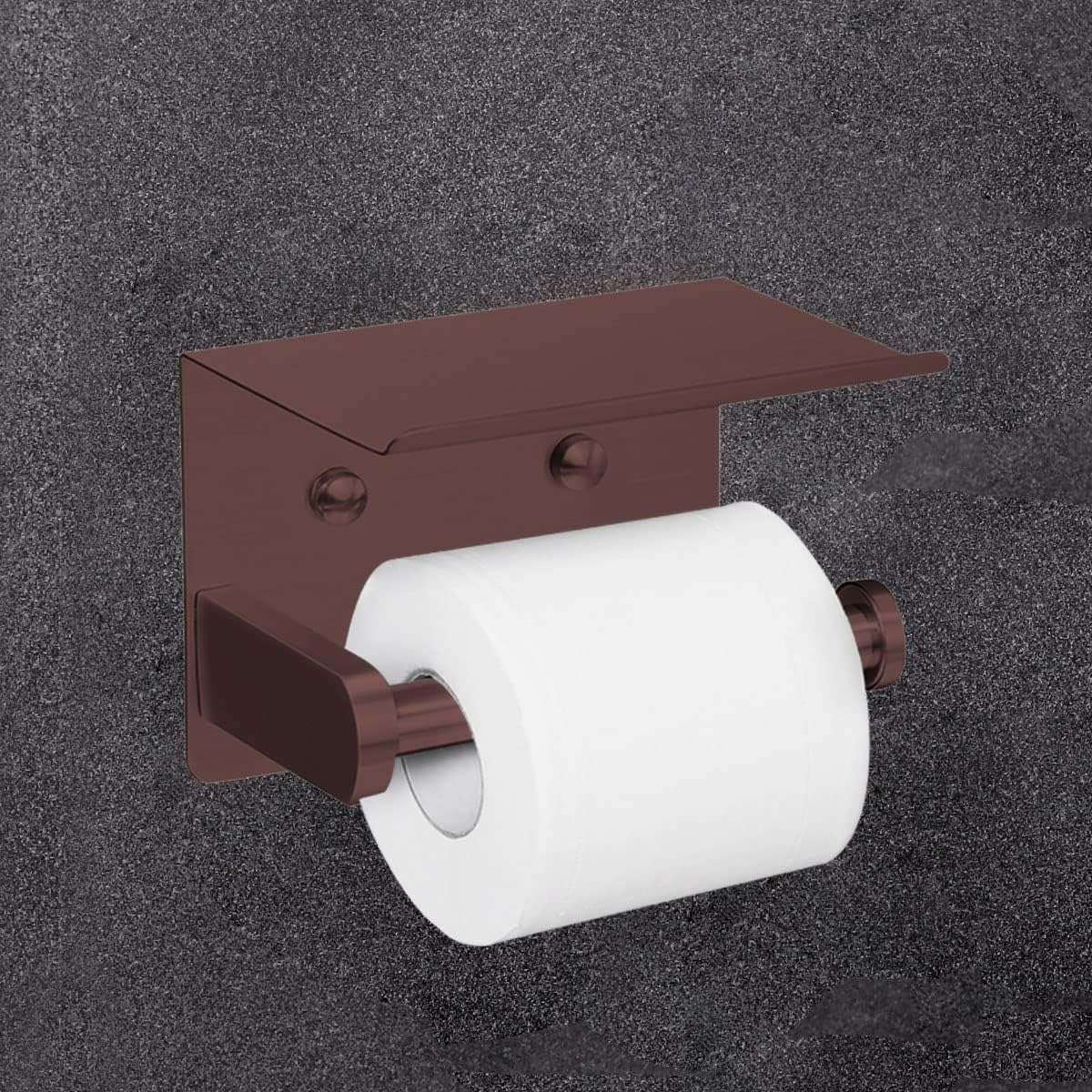 VAEHOLD Self Adhesive Toilet Paper Holder with Phone Shelf Stainless Steel Wall Mounted Toilet Paper Roll Holder - Rustproof and Bathroom Washroom Tissue Roll Holder with Shelf - Black