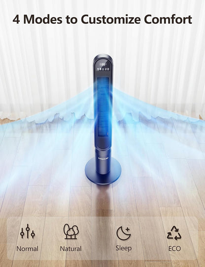 VAGKRI Tower Fan for Bedroom, 42 Inch Quiet Floor Fan with 135° Vertical 90°Oscillation Fans for Indoors, 4 Modes, 4 Speeds, 15H Timers Standing Bladeless Fans with Remote Black