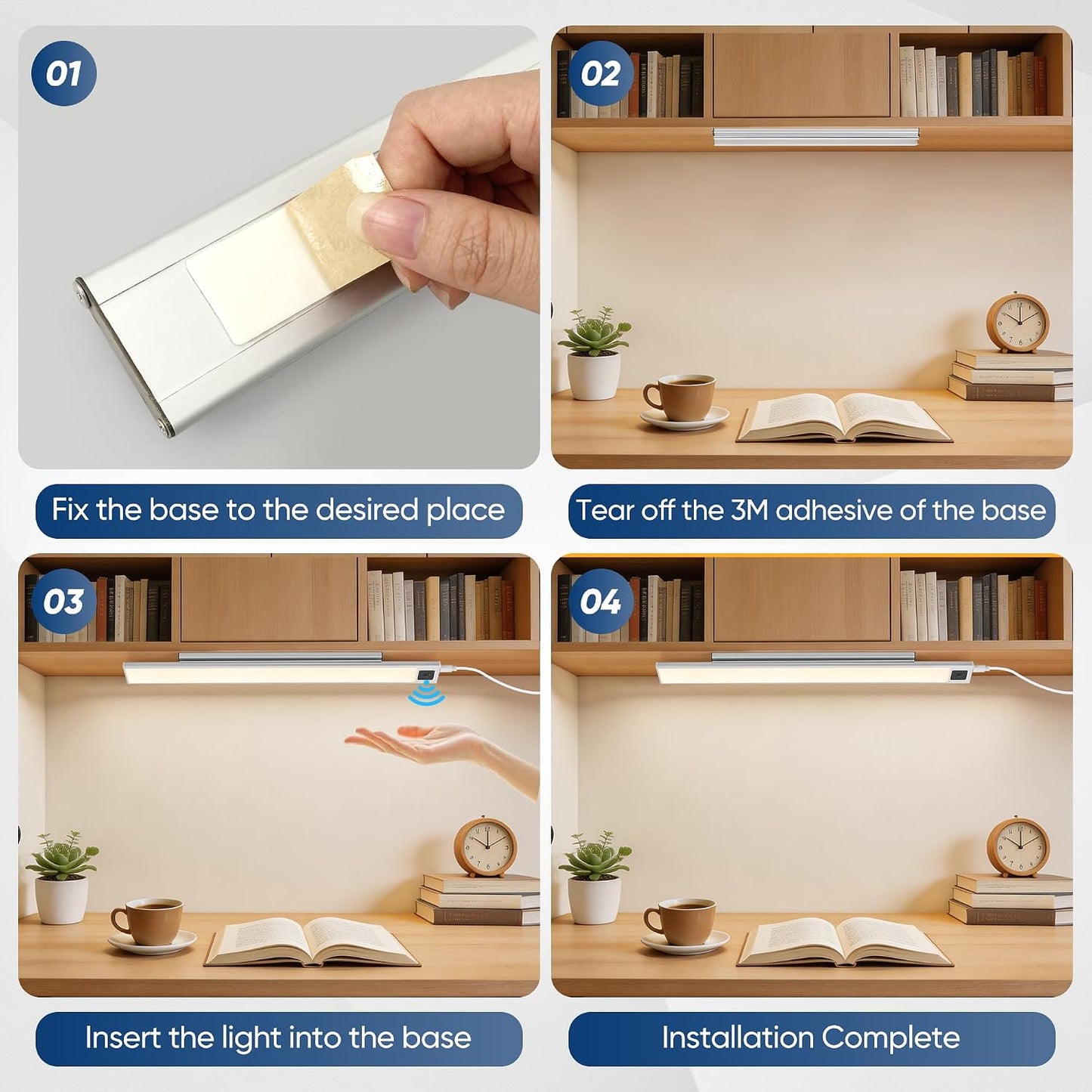 HEYAN 16inch Under Cabinet Lighting, Wall-Mounted Study Lights | 3 Color Temps&Dimmable Hand Sweep Sensor, 90° Rotatable ,Non-Rechargeable, Magnetic Under Closet Lights for Reading,Work