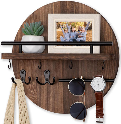 Nekon Key Holder Wall Mount, 11.8” Wood Mail Organizer for Wall, Brown | Round Wall Shelf with 6 Key Hooks, Rustic Key and Mail Holder, Key Hanger for Entryway Hallway Kitchen