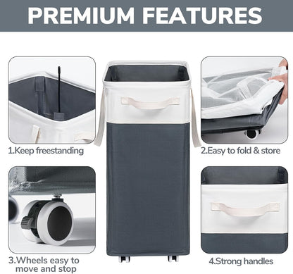 Goodpick 75L Laundry Basket with Wheels & Removable Wash Bag for Dorm | Rolling Laundry Basket with Handles for Dirty Clothes, Fodable Hamper for Laundry Room, Dorm Room Essentials, Grey