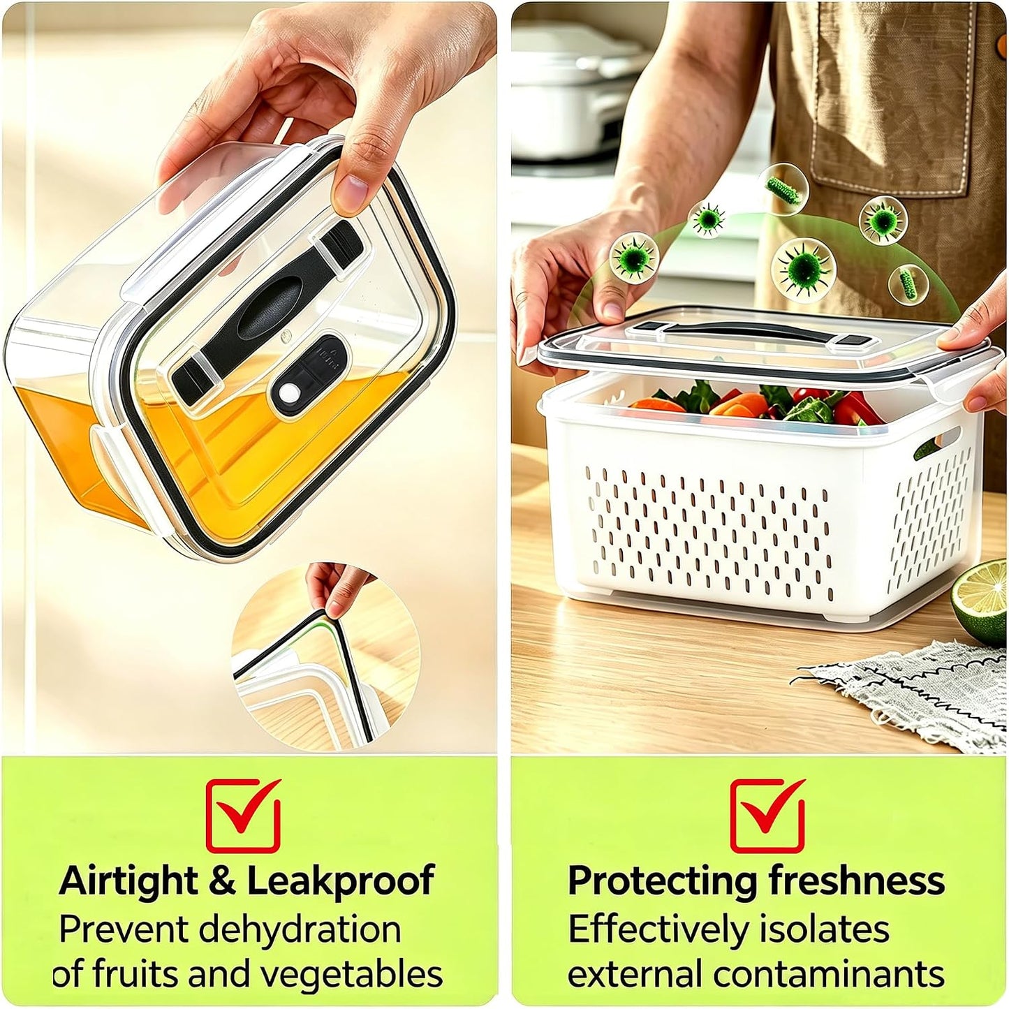 4 PCS Fruit Storage Containers for Fridge,Leakproof Produce Containers | Saver For Fridge with Removable Colander &Vent Lids,Microwave/Dishwasher Safe,Keeps Berries,Lettuce & Salad Fresh