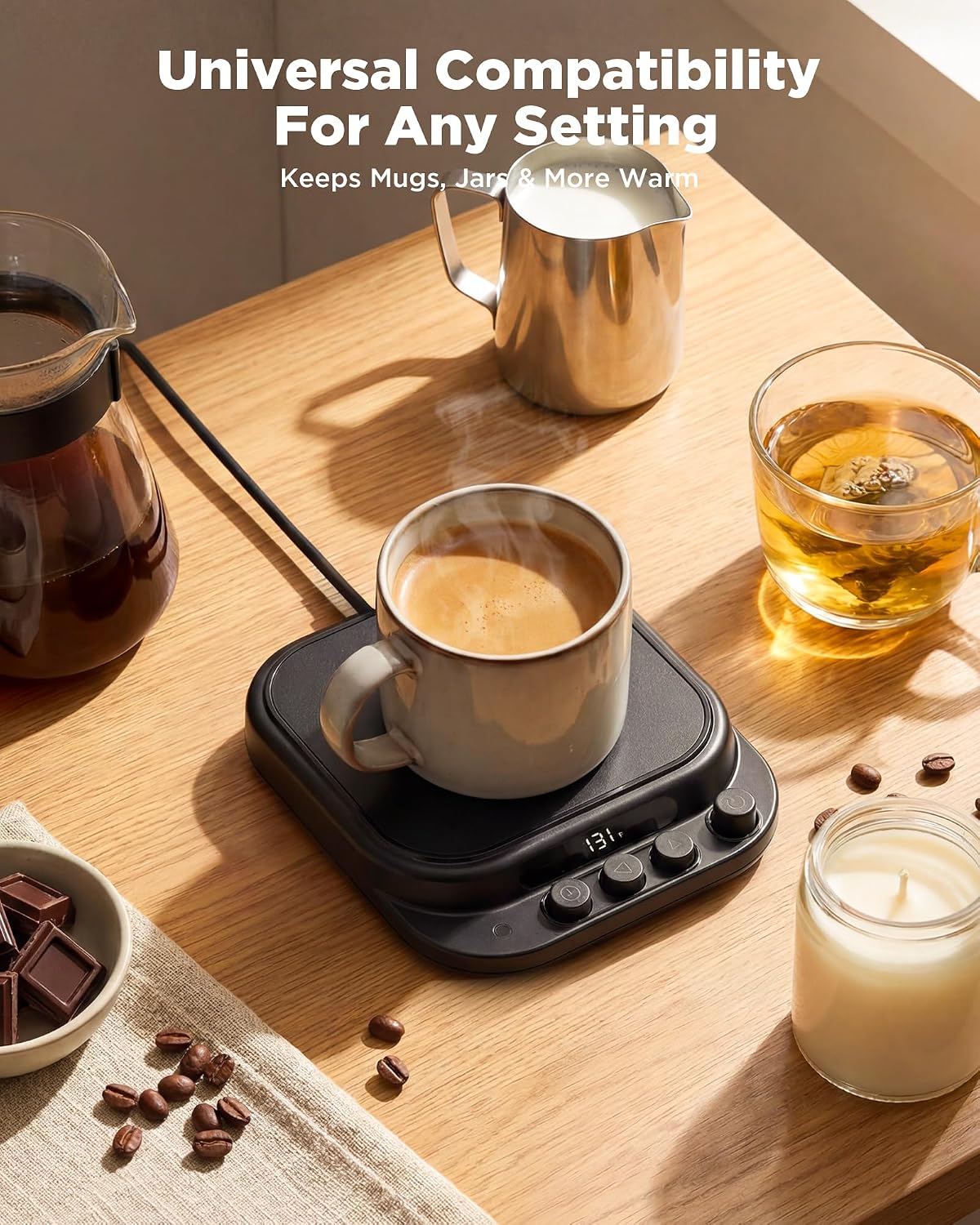 Coffee Mug Warmer for Desk with 7 Temperature Settings, 1–12 Hour Timer, Gravity Sensor and Auto Shutoff, Cup and Candle Warmer for Coffee, Tea and Milk, Black