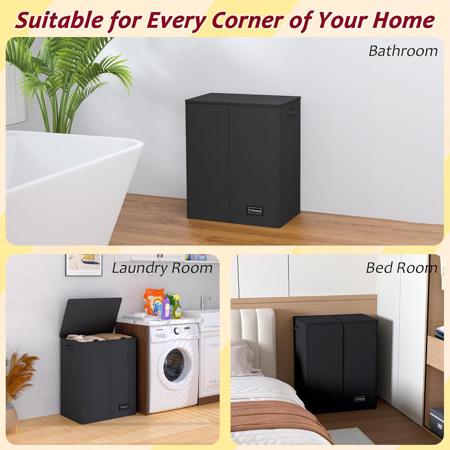 195L Laundry Hamper 3 Section,Large Laundry Hamper with Lid,Dirty Clothes Hamper with 3 Inner Bags,Collapsible Laundry Basket Organizer for Laundry Room,Bedroom,Laundry Sorter Hamper 3 Compartment