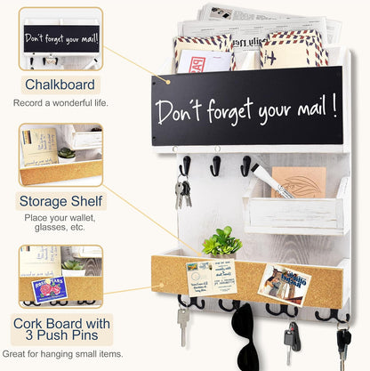 Key Holder for Wall Mount with Shelf and Mail Organizer, Key and Mail Holder with 16 Hooks, Farmhouse Entryway Organizer, Home Decor Rack (Pine Wood, White Washed)