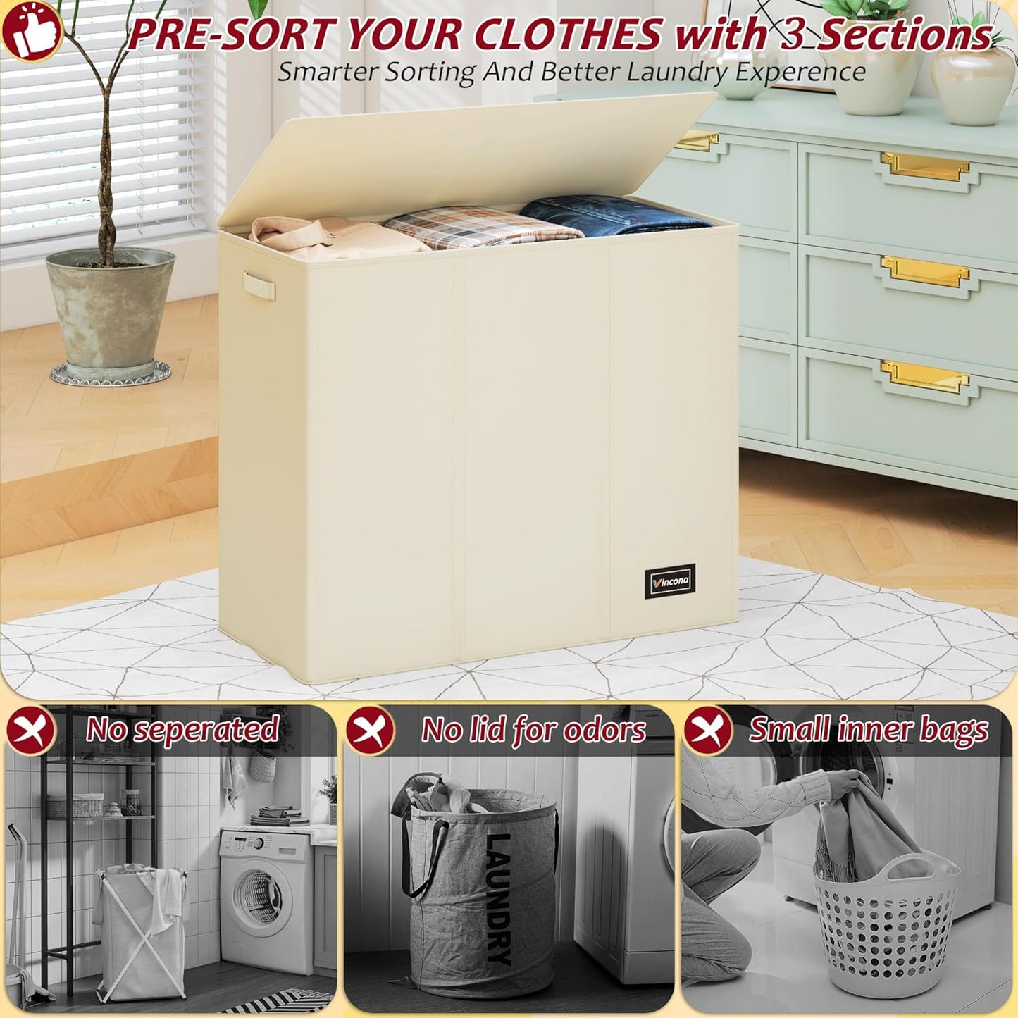 195L Laundry Hamper 3 Section,Large Laundry Hamper with Lid,Dirty Clothes Hamper with 3 Inner Bags,Collapsible Laundry Basket Organizer for Laundry Room,Bedroom,Laundry Sorter Hamper 3 Compartment