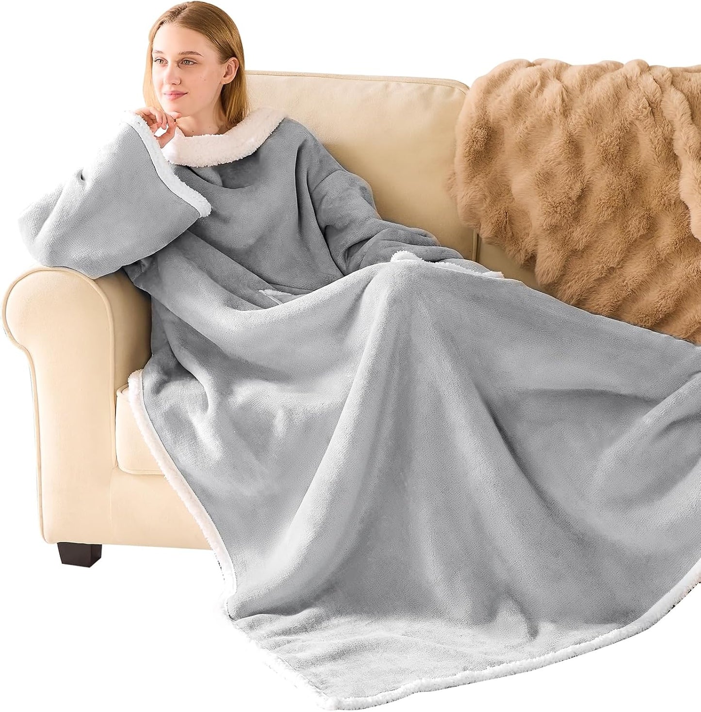 IFNOW Sherpa Wearable Blanket with Sleeves, Oversized Snuggle Robe, Purple | 430GSM Thick, 55x69", Big Pocket, TV Blanket,Fall Winter Dorm Essentials or Office, Christmas Birthday Gifts for Women Men