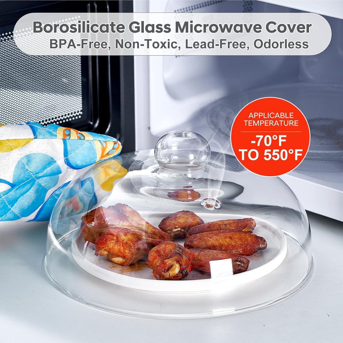 12 Inch Borosilicate Glass Light Microwave Splatter Cover for Food | All Glass Tall Splatter Guard Microwave Plate Serving Dish Covers Lid with Handle for Heating Food