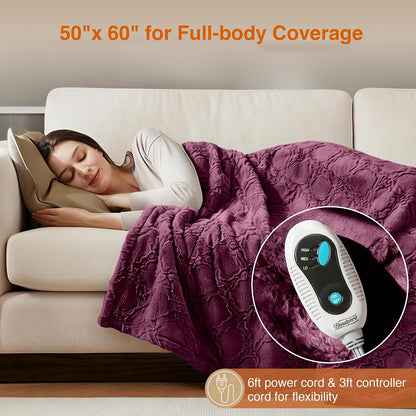 Beautyrest Long Brushed Faux Fur Ogee Textured Design Electric Blanket, Auto Shut Off, Virtually Zero EMF, Multi Heat Setting, UL Certified, Machine Washable, Grey Throw 50x60