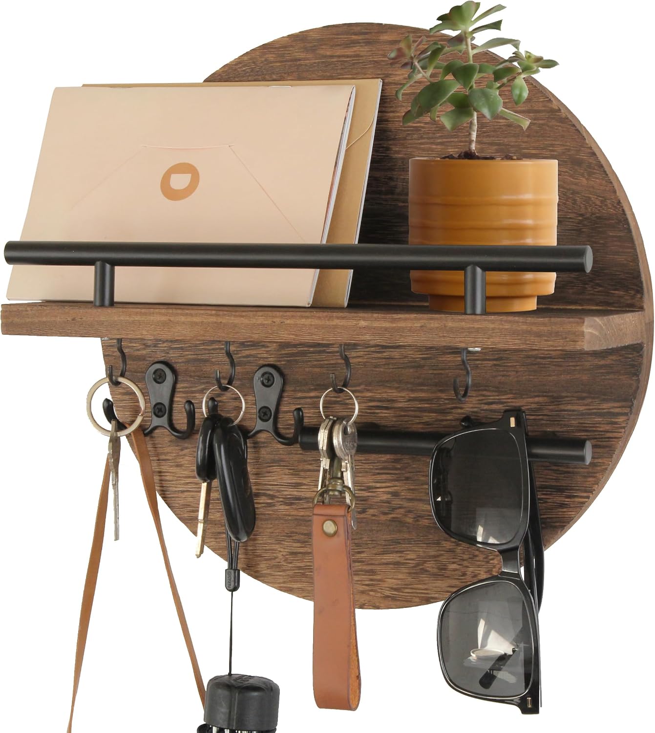 Gurfuy Key Holder for Wall with Shelf - Wood Mail Organizer and Rack with Shelf Hooks Wall Mounted for Entryway Decor Magazines Letter Storage Farmhouse Living Room Bedroom Doorway Green