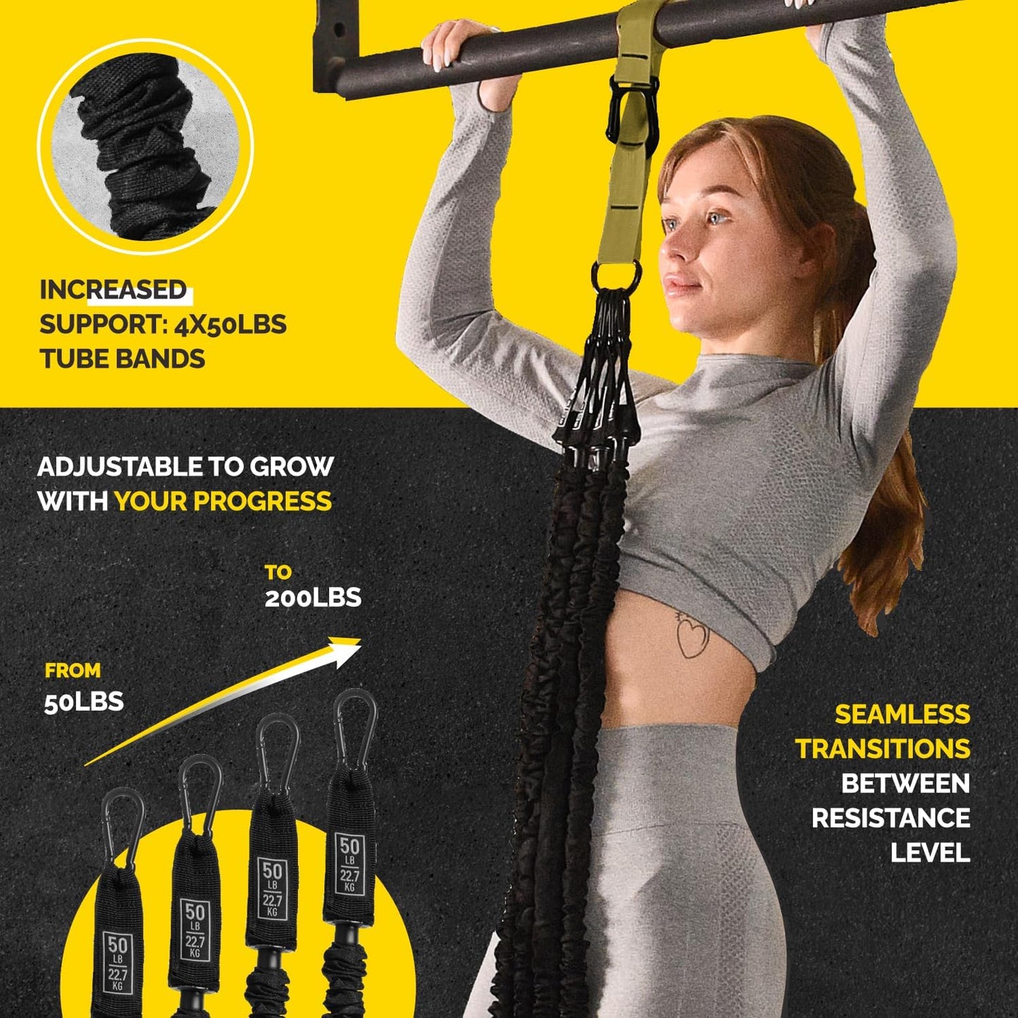 Pull Up Assistance Bands Set with 4 Levels, Adjustable Strap and Foot Rest | 50–200 lb stackable pull-up assistance, nylon-sleeved bands, adjustable support, reduced snap-back risk