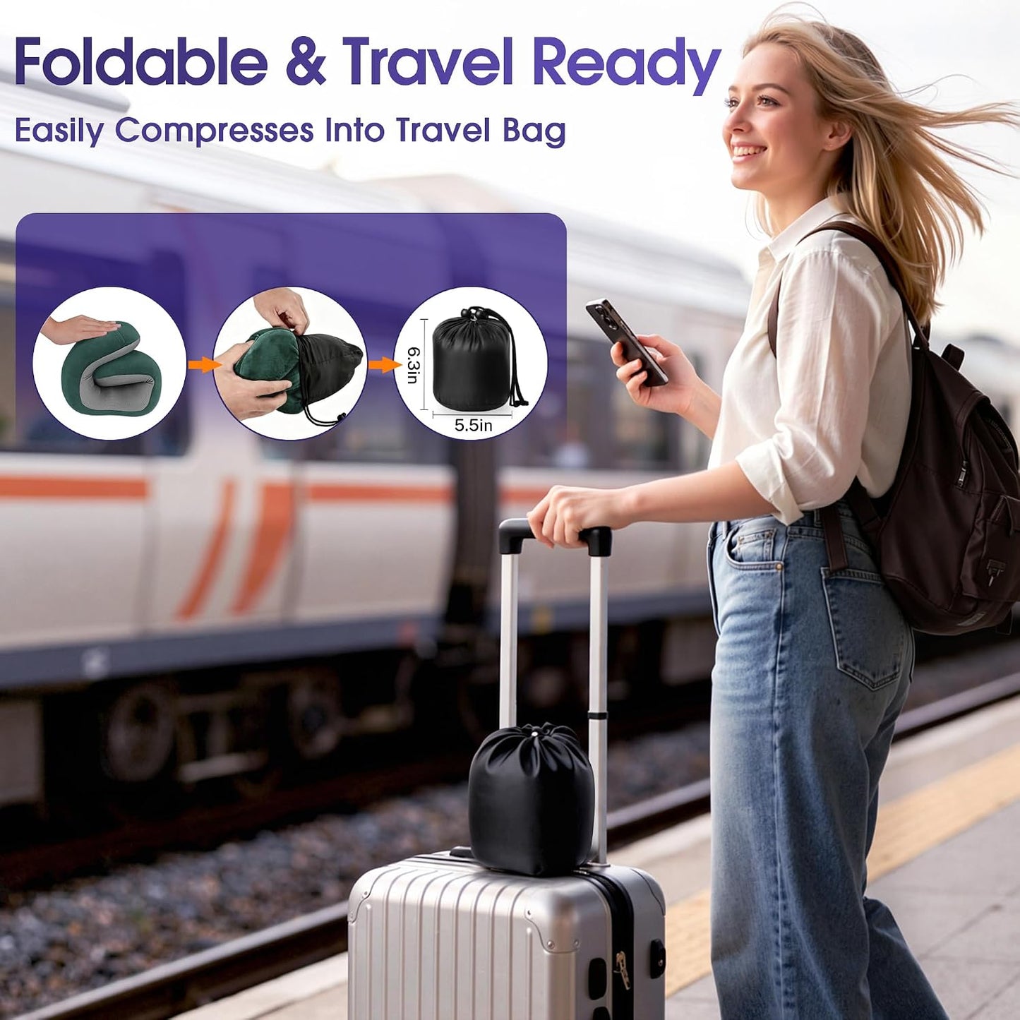 CloudBliss Neck Pillow for Airplanes, Memory Foam Travel Pillow, Black | Compact Flight Pillow with Eye Mask, Earplugs, Carry Bag, Travel Neck Pillow for Long Flight Sleep, Plane Travel Essentials