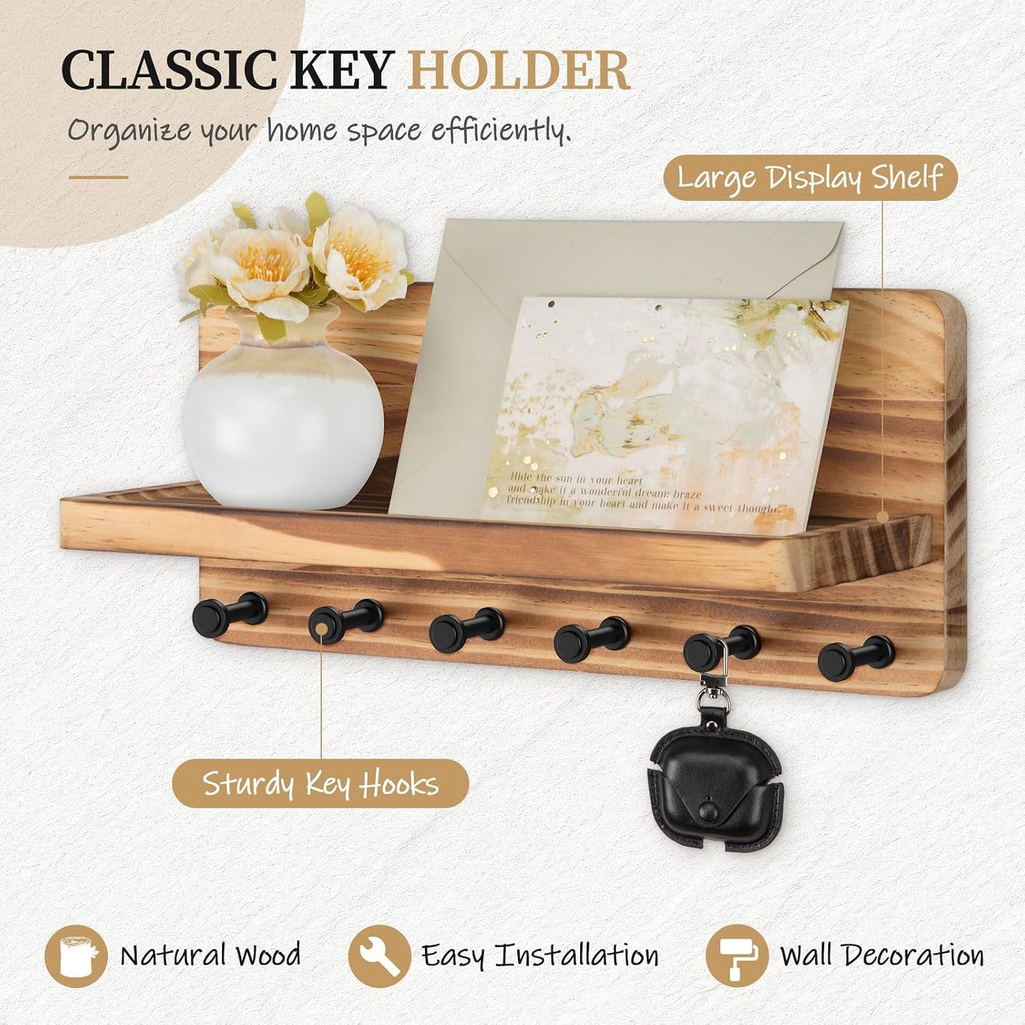 Nekon Key Holder for Wall with Shelf, Pine Wooden Key Hanger, Black | Small Wall Mounted Key Holder with 4 Hooks, Farmhouse Wall Organizer for Home Entryway & Apartment
