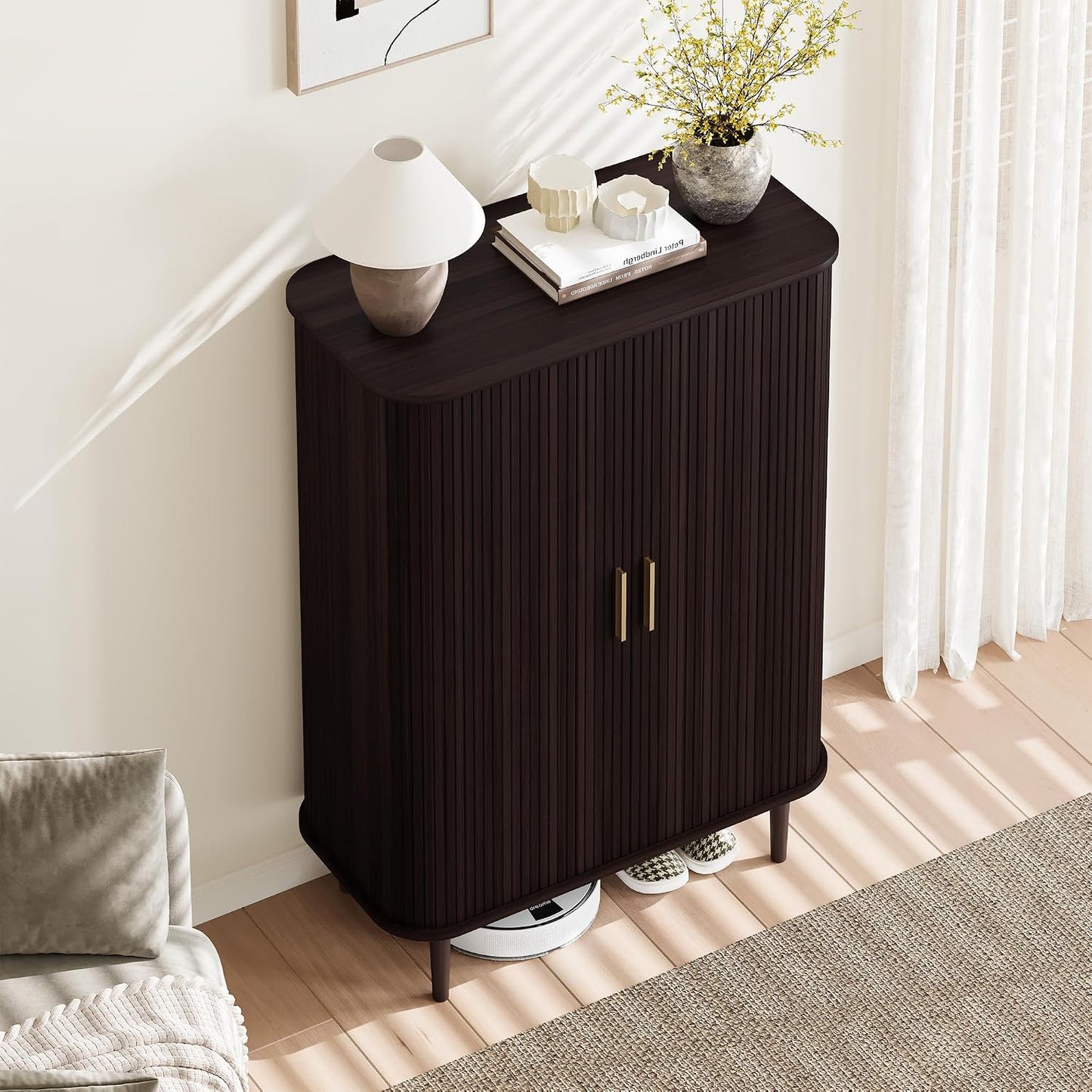 DHH Shoe Storage Cabinet with Sliding Door, 6-Tier Shoe Cabinet with Adjustable Shelves, Modern Freestanding Shoe Storage Organizer for Entryway, Hallway, Living Room (Walnut, 47 ")