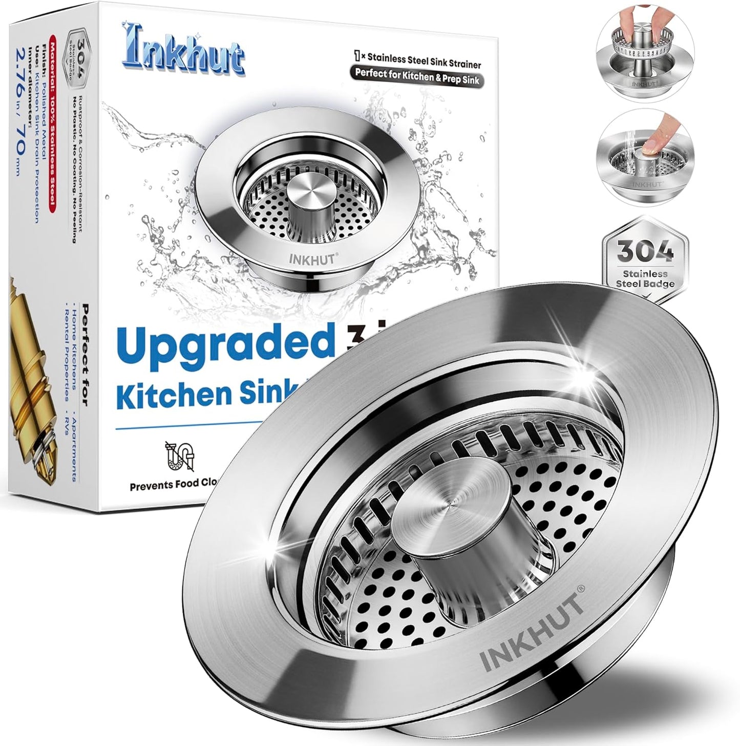 Upgraded 3 in 1 Kitchen Sink Drain Strainer | Stainless Steel Sink Stopper, Anti-Clogging Food Catcher Basket, Bounce Core Drain Strainer Plug for 3 1/2 inch Drain