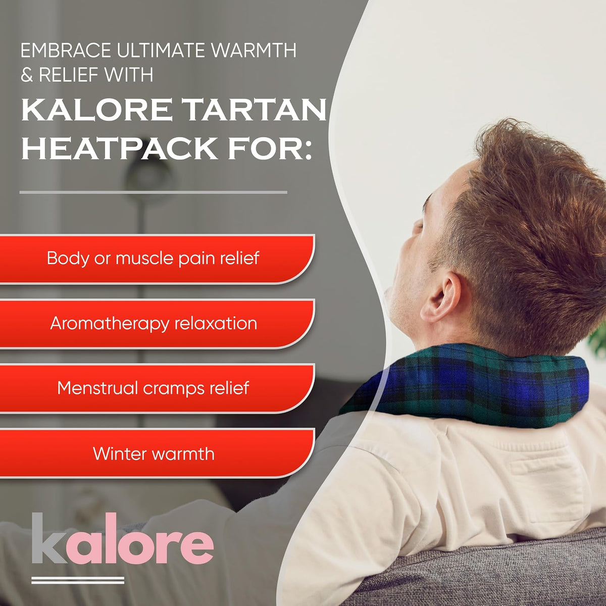 Microwavable Heating Pads for Winter Warmth, Back, Stomach & Head Comfort – Kalore Soft Cotton Tartan Neck Wrap – Even Heat Distribution Hot Compress Bag – Wheat Heat Pad XL – Unscented – Gray